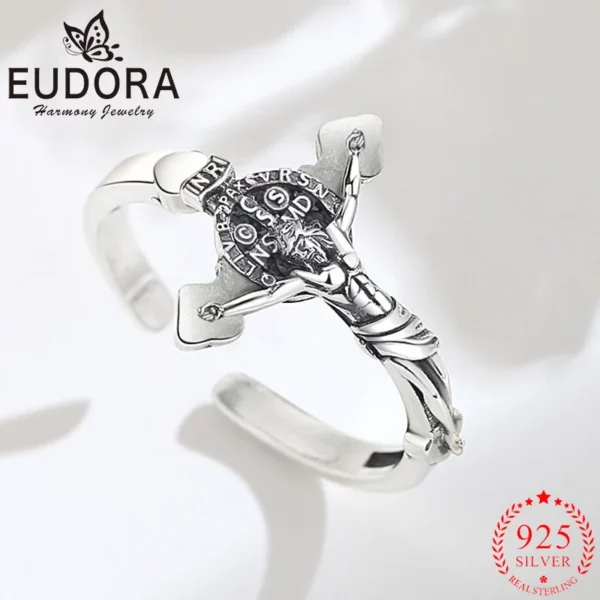 Eudora-Bague réglable en argent regardé 925 pour hommes et femmes, Saint Benoît, Saint Benoît, San Benoît, Médaillon religieux, Bijoux vintage