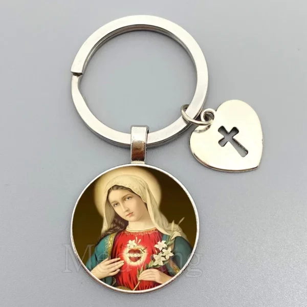 Porte-clés Jésus Sacré-Cœur Vierge Marie, porte-clés en verre breton, bijoux catholiques pour hommes et femmes, cadeaux – Image 4