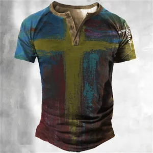 T-shirt manches courtes homme, streetwear, vintage, imprimé en 3D, croix de Jésus-Christ, Henley