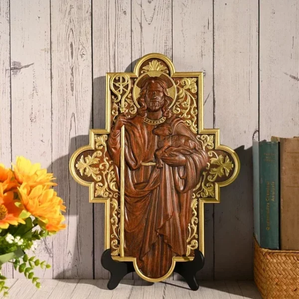 Sculpture sur bois de haute qualité, icône de berger de jésus, Plaque de Sculpture, décoration murale catholique pour la maison – Image 7