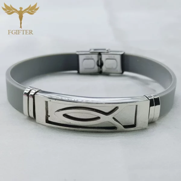 Bracelets en acier inoxydable avec symboles de poisson de Jésus, bijoux de religion chrétienne Lchthus, bracelet en caoutchouc coloré, bracelets simples – Image 7