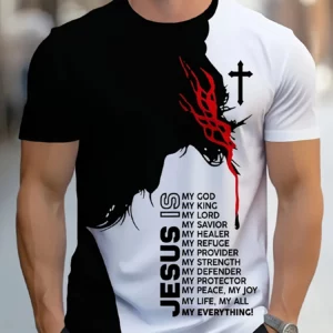 T-shirt décontracté en polyester pour homme, manches courtes, col rond, impression graphique de Jésus 3D, tissu en tricot léger commandé, 1PC