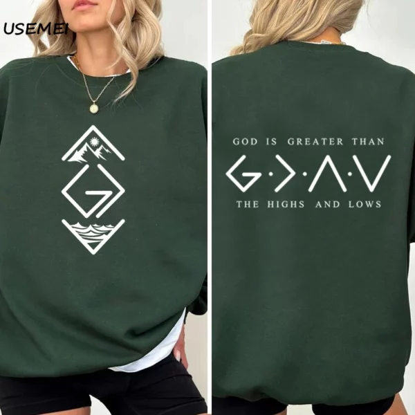 Sweat-shirt à col rond Dieu est plus grand STORThe Highs and Low, sweat à capuche chrétien, foi religieuse, Bible, Jésus, amoureux de Dieu, vêtements – Image 2