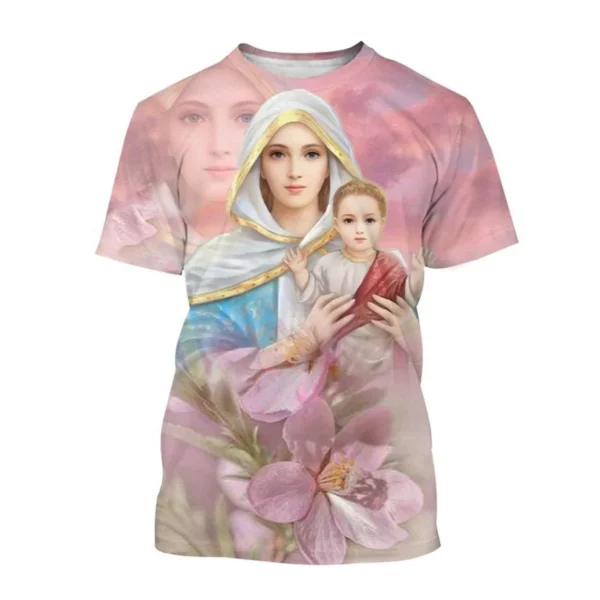 Vente chaude Vierge Marie 3D imprimé T-shirt Personnalité Christianisme Mère De Dieu Sainte Enfant T-shirts Décontracté à manches courtes T-shirt – Image 33