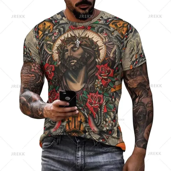 T-shirt à manches courtes imprimé 3D pour hommes et femmes, vêtements de rue décontractés, vêtements vintage, impression graphique du Christ Jésus, pop et hip hop, été – Image 31