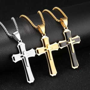 Colliers avec pendentif croix 3D pour hommes et garçons, collier croix en acier inoxydable couleur or noir, cadeau de fête Hip Hop Punk