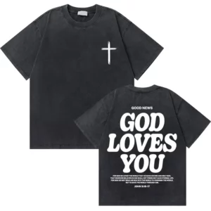 Lavé Vintage chrétien jésus bonnes nouvelles dieu vous aime verset de la Bible graphique T-shirts hommes femmes mode décontracté surdimensionné t-shirt