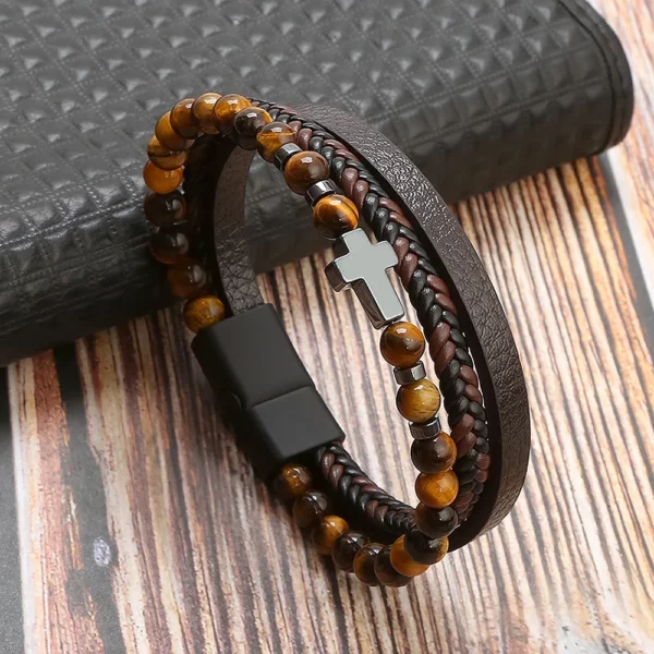 Breloques croisées classiques, 3 couches, tissées à la main, Bracelets en cuir de haute qualité pour hommes et femmes, à la mode, en pierre d'oeil de tigre, cadeau de mariage – Image 8