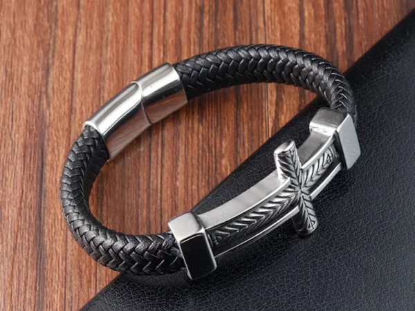 Bijoux croix Vintage en acier inoxydable, Crucifix tissé, Bracelet en cuir véritable, cadeau chrétien pour hommes – Image 8