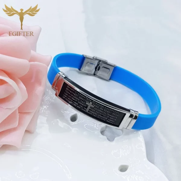Prière biblique texte russe croix Bracelet acier inoxydable bleu caoutchouc 17/19/21 cm ceinture chrétienne femme mâle Bracelets Pulseras – Image 2
