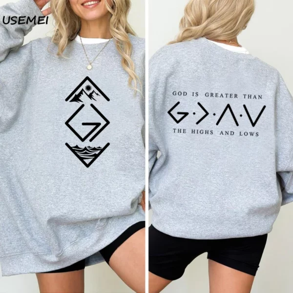 Sweat-shirt à col rond Dieu est plus grand STORThe Highs and Low, sweat à capuche chrétien, foi religieuse, Bible, Jésus, amoureux de Dieu, vêtements – Image 4