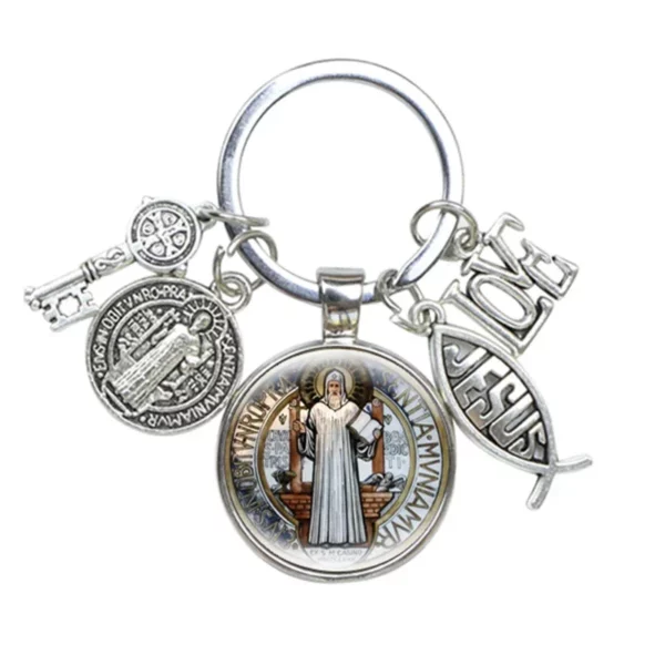 Porte-Clés Médaillon Saint Benoît, J'aime Jésus, Artisanat, Breloques en Verre Bombé, Catholique, San Benito, Bijoux Religieux – Image 3