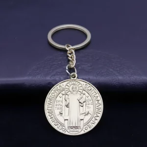 Porte-clés Médaillon Saint Benoît, Pendentif Bijoux Catholique, Double Face, Rond Jésus, Bijoux en Métal, Nouveau