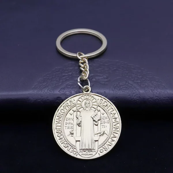 Porte-clés Médaillon Saint Benoît, Pendentif Bijoux Catholique, Double Face, Rond Jésus, Bijoux en Métal, Nouveau