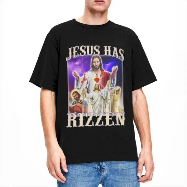 Hommes femmes jésus a Rizzen Rizz Humor Christ Gag cadeau T-Shirts vêtements coton drôle catholique jésus Meme T-Shirts t-shirt vêtements – Image 2