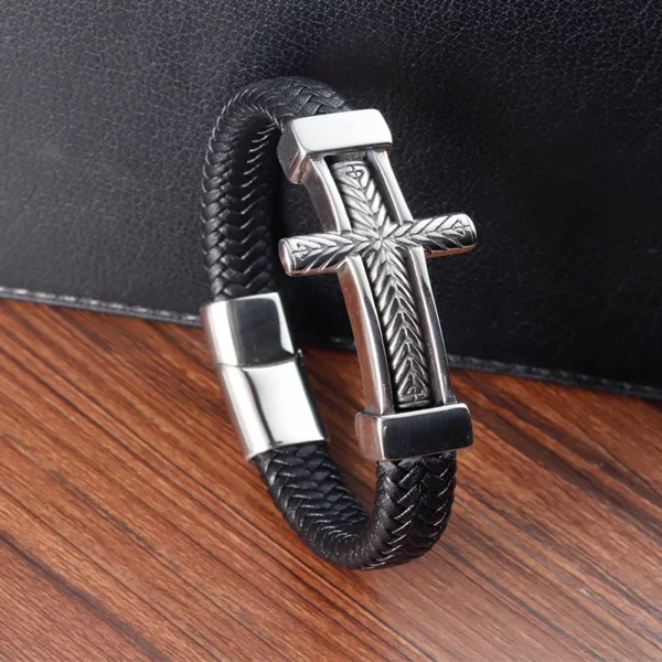 Bijoux croix Vintage en acier inoxydable, Crucifix tissé, Bracelet en cuir véritable, cadeau chrétien pour hommes – Image 6
