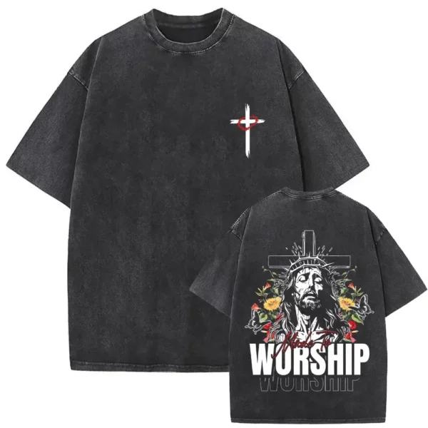 T-shirt délavé Vintage pour hommes et femmes, style religieux chrétien, jésus pardonne le père, gothique Rock, surdimensionné, Streetwear – Image 26