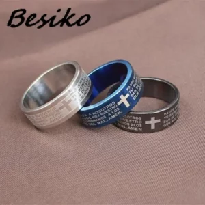 Besiko 2023 8mm noir espagnol Bible prière croix hommes anneaux en acier inoxydable chrétien femmes anneaux cadeaux d'anniversaire en gros