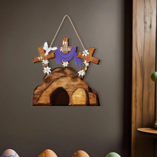 Signe de porte en bois de Jésus, décoration religieuse de Pâques pour la fête de printemps, cadeaux de saisi, He IS tosen, 30x25cm, 007 – Image 3