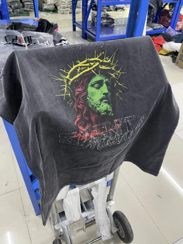 25SS SAINT OF MICHAEL jésus Portrait meilleure qualité impression Vintage rétro haute rue couverture en coton T-Shirt – Image 2