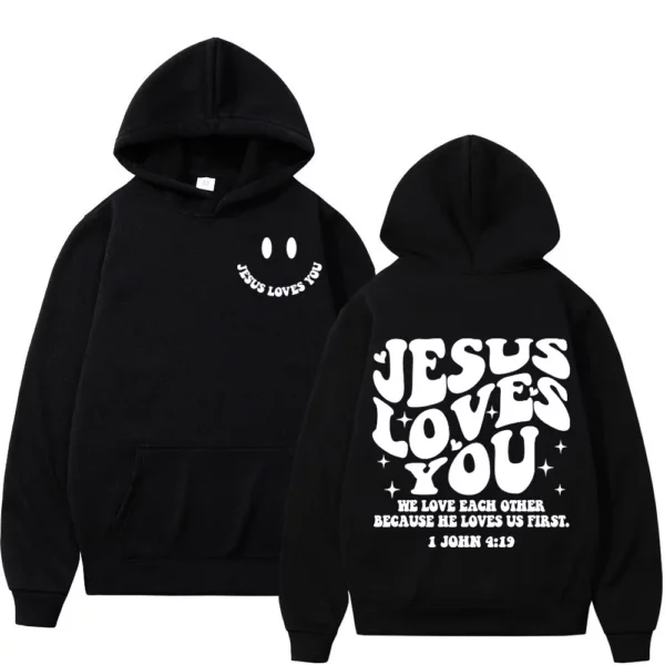 Jésus vous aime Double face sweat à capuche imprimé haute rue mode surdimensionné pulls hommes femmes haute qualité Vintage sweats – Image 3