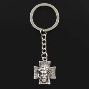 Porte-clés en argent pour hommes, croix du Christ Jésus, document à la mode, bijoux de bricolage, porte-clés de voiture, souvenir pour cadeau, 28x22mm