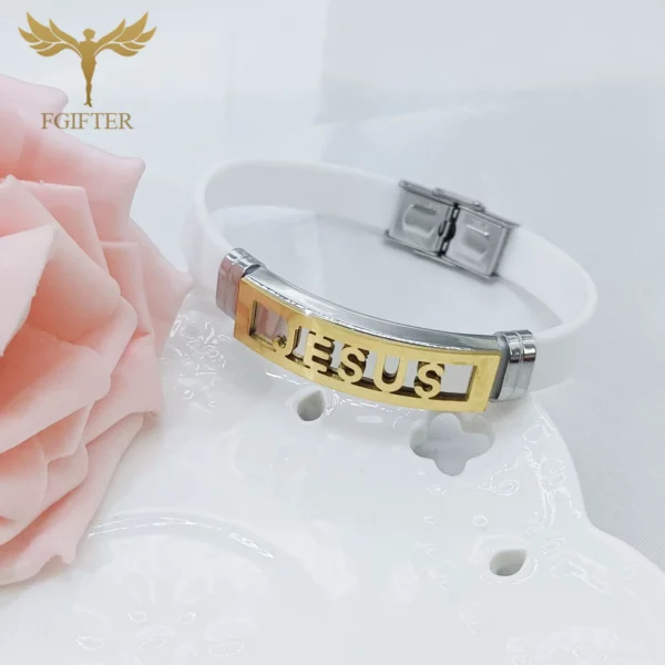 Bijoux chrétiens jésus bracelets doré en acier inoxydable manchette fermoir accessoires blanc Silicone bracelets hommes femmes Bracelet cadeaux – Image 2