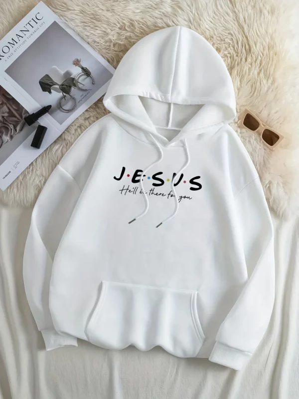 Sweat à capuche imprimé jésus, sweat-shirt décontracté avec poche kangourou avec cordon de serrage pour le printemps et l'automne, vêtements pour femmes, loisirs quotidiens amples – Image 7