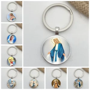 Porte-clés Vintage en verre à motif vierge marie, bijoux religieux, cadeau pour membre de la famille, adapté aux clés de voiture et de maison