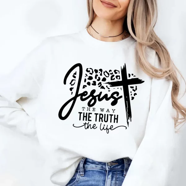 Sweat-shirt délavé à col rond pour femme, imprimé lettre Jesus The Way The Truth The Life, vêtements décontractés pour l'hiver et l'automne – Image 3