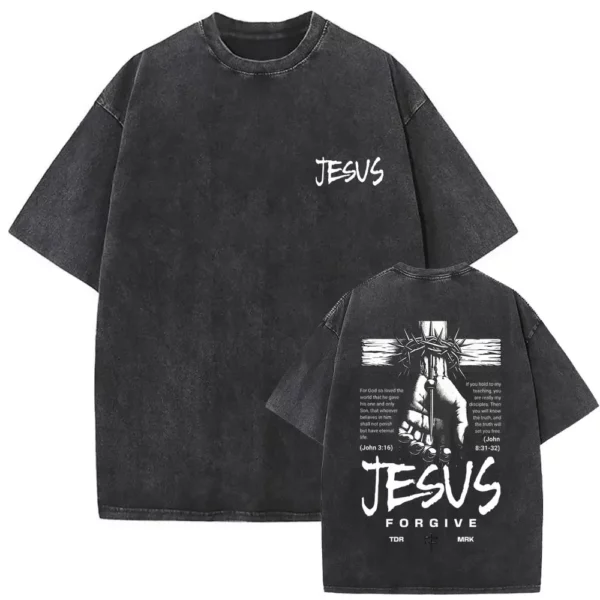 T-shirt délavé Vintage pour hommes et femmes, style religieux chrétien, jésus pardonne le père, gothique Rock, surdimensionné, Streetwear – Image 20
