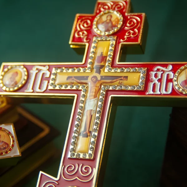 Croix de bénédiction religieuse avec support, croix orthodoxe, rouge et bleue, icône de la passion de Jésus, décoration de la maison de l'église – Image 5