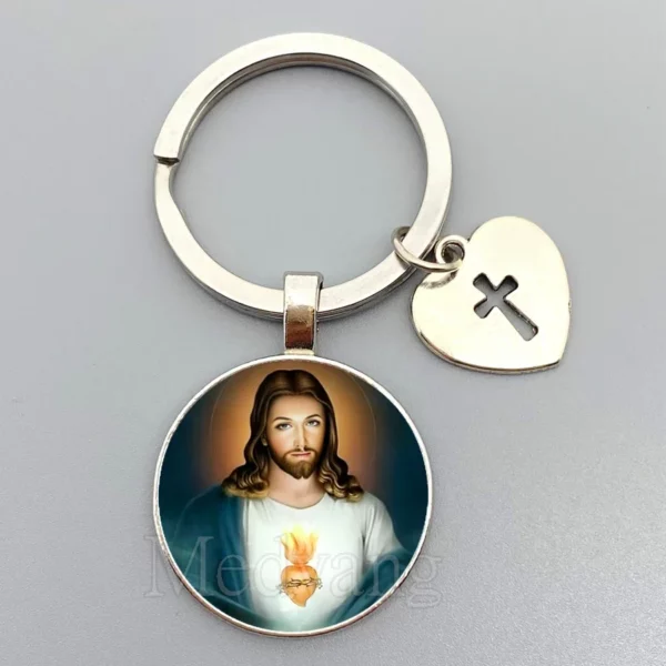 Porte-clés Jésus Sacré-Cœur Vierge Marie, porte-clés en verre breton, bijoux catholiques pour hommes et femmes, cadeaux – Image 19