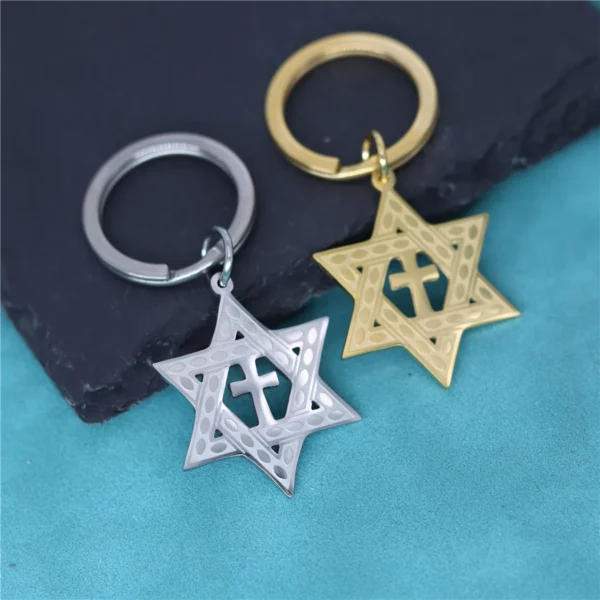 Porte-clés pendentif croix étoile de David, en acier inoxydable, pour hommes, amulette, Vintage, bijoux, cadeau – Image 2