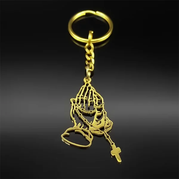 Jésus prière main chapelet perle croix porte-clés pour femmes hommes en acier inoxydable couleur or porte-clés suspendus accessoires bijoux – Image 12