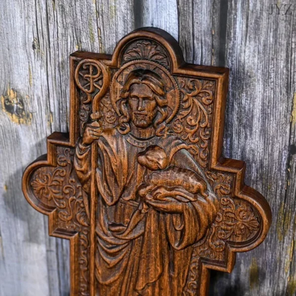 Sculpture sur bois de haute qualité, icône de berger de jésus, Plaque de Sculpture, décoration murale catholique pour la maison – Image 6