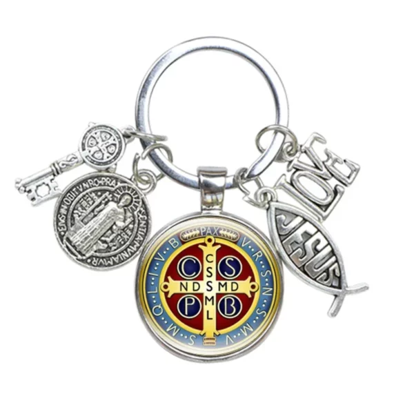 Porte-Clés Médaillon Saint Benoît, J'aime Jésus, Artisanat, Breloques en Verre Bombé, Catholique, San Benito, Bijoux Religieux – Image 5