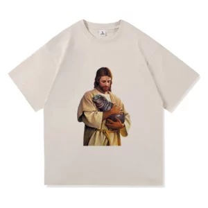 T-shirt en coton graphique unisexe avec Jésus portant Moo Deng, Harajuku, T-shirt classique esthétique mignon, mode masculine, haute qualité