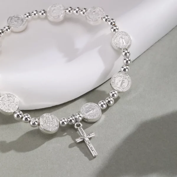 Vnox-Perles rondes JOprompt pour hommes et femmes, pendentif croix de Jésus, bracelets à breloques en or et argent, bijoux religieux catholiques – Image 6