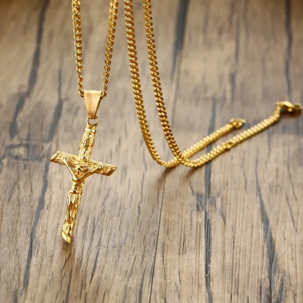 Collier croix en acier inoxydable pour hommes et femmes, pendentif Jésus, collier de document en or, catholique, prière d'église, bijoux de foi, cadeau – Image 2