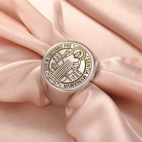 Jeshayuan-Bague pendentif Saint Benoît de Nursie pour femme et homme, bague ronde en acier inoxydable, amulette du catholicisme, cadeau bijoux – Image 17