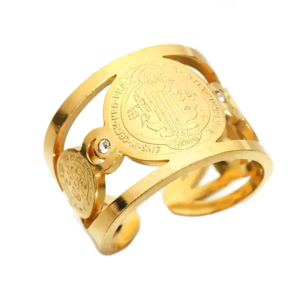 Bague médaille San Benito en acier inoxydable pour femmes et hommes, couleur or/argent, anneau ouvert en métal avec croix de San Benito réglable – Image 5