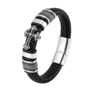 Bracelet rétro en cuir véritable tissé pour hommes, fabriqué à la main, croix rétro en acier inoxydable, accessoire de mode, bijoux