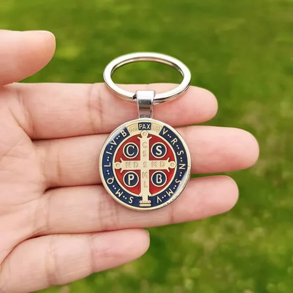 Porte-clés croix Saint benoît pour hommes, Cabochon en verre, pendentif catholique chrétien, porte-clés en métal, cadeau – Image 9