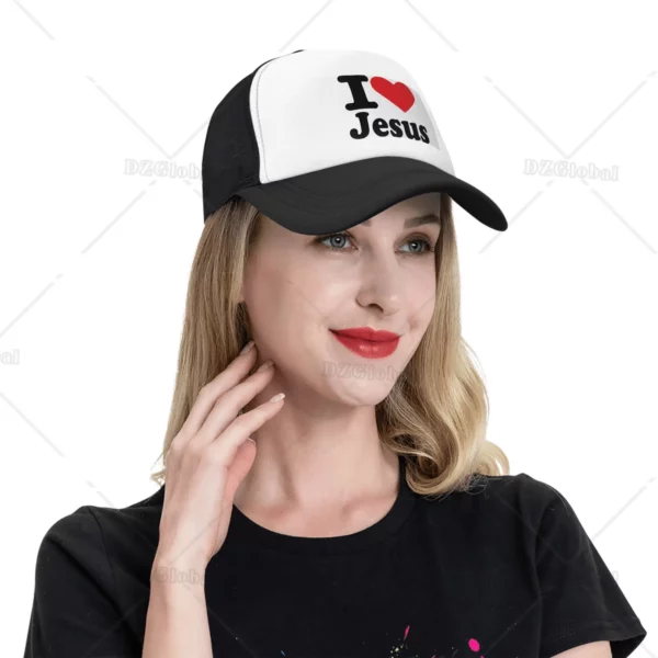 Chapeau de camionneur imprimé I Love Jesus pour hommes et femmes, casquette de baseball en maille, chapeaux de soleil, casquette de cowboy, chapeau de papa d'été, noir – Image 22