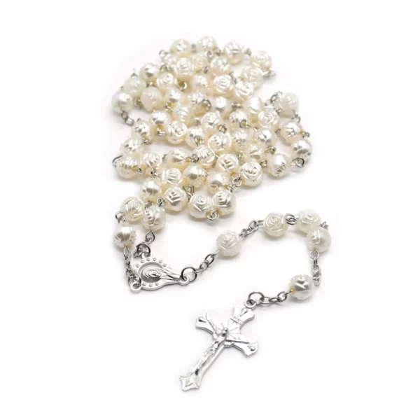 Chapelet de perles de roses en plastique blanc, Long pendentif croix de Christ, bijoux religieux – Image 3