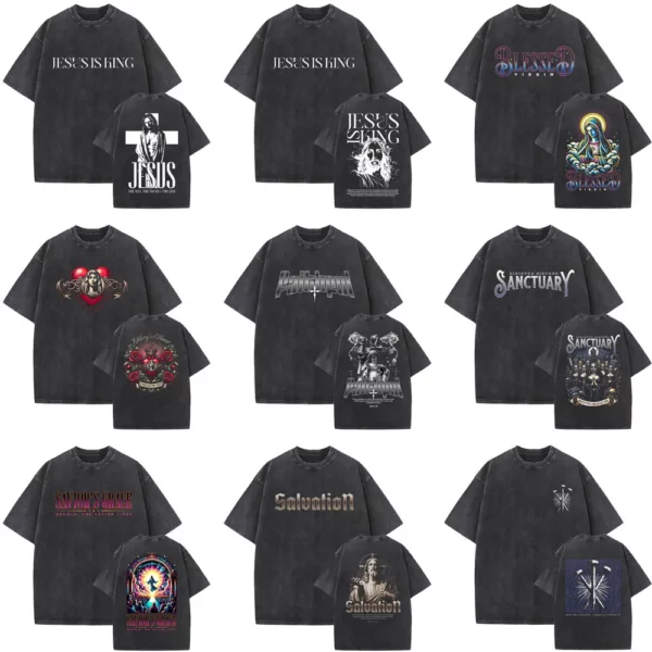 Série religieuse chrétienne jésus Vintage lavé T-shirt hommes femmes gothique Rock surdimensionné à manches courtes t-shirts Hip Hop Streetwear – Image 34