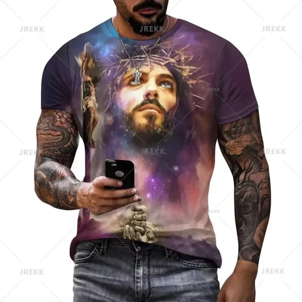 T-shirt à manches courtes imprimé 3D pour hommes et femmes, vêtements de rue décontractés, vêtements vintage, impression graphique du Christ Jésus, pop et hip hop, été – Image 47