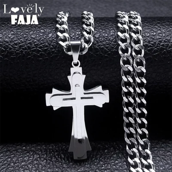 Collier multicouches en acier inoxydable pour hommes, bijoux Hip Hop, avec pendentif Crucifix chrétien
