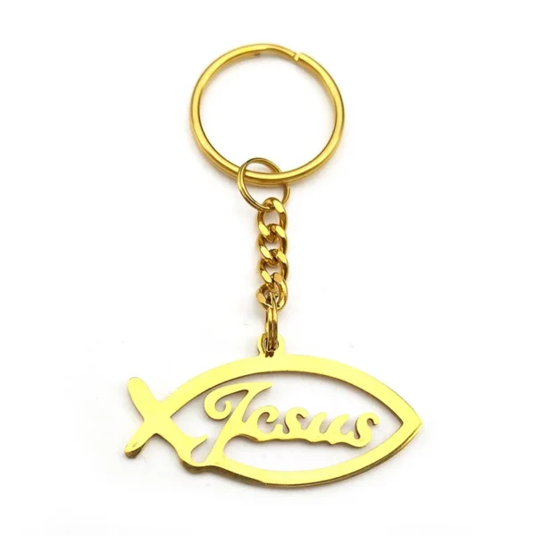 Porte-clés pendentif poisson de Jésus pour femmes et hommes, acier inoxydable, or, argent, document religieux, amulette chrétienne, porte-clés, bijoux cadeaux – Image 8